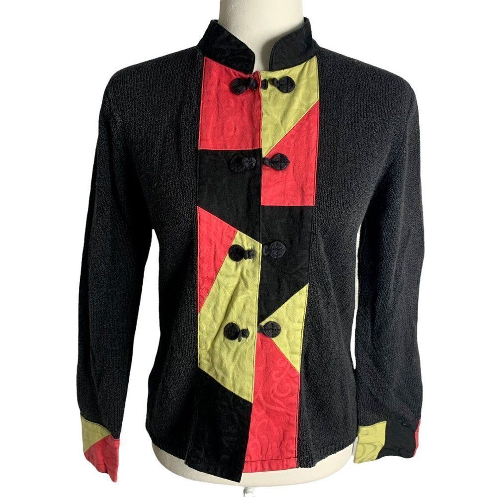 Vintage Stretch Knit Cardigan Sweater S Black Frog Buttons Mandarin Collar